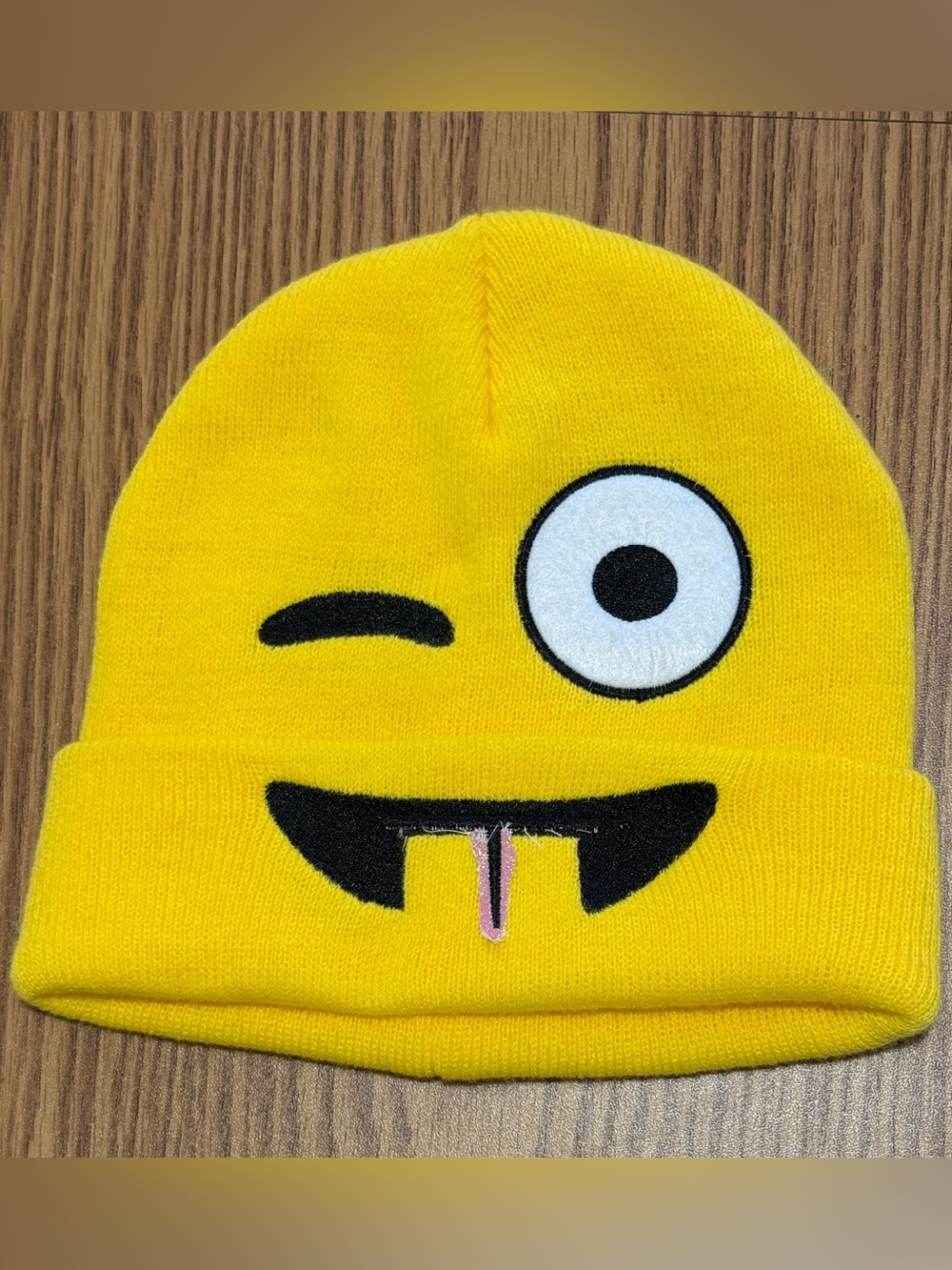Adult Minion Yellow Emoji Beanie Hat - Funny Winking Face, Great Gag, Halloween